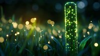 Glowing green test tube with magical sparkles among grass blades at night, ethereal bokeh lights creating mystical laboratory atmosphere in nature setting.