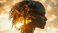Young African American woman profile silhouette with natural curly hair merged with tree branches against dramatic golden sunset sky creating double exposure effect.