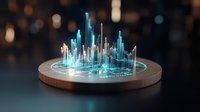 Futuristic holographic city skyline projection on wooden platform with glowing blue buildings and digital interface elements for technology presentations.