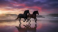 Two black horses galloping on wet beach at sunset with dramatic purple and pink sky reflecting in water creating magical silhouettes against mountain backdrop.