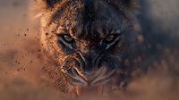 Dramatic close up of fierce lion face with intense eyes and bared teeth emerging through dust particles in warm sunset lighting, creating menacing wildlife atmosphere.