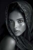 Dramatic black and white portrait of young Middle Eastern woman wearing patterned headscarf, with intense gaze and luminous skin highlighting facial features.