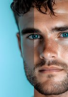 Close-up portrait of young man with intense blue eyes and facial stubble against split background showing contrast between light and shadow, highlighting facial features.