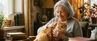 Elderly woman with gray hair sitting in cozy living room holding orange tabby cat, warm sunlight streaming through window creating peaceful domestic scene.