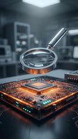 Magnifying glass examining computer processor chip in modern laboratory for technology research and electronic component analysis.
