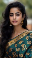 Young South Asian woman wearing traditional emerald green and gold silk saree with ornate pattern and traditional gold chandelier earrings. Long black wavy hair frames natural makeup look.