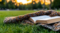 Open book lying on green grass with cozy knitted blanket during golden sunset hour, creating peaceful outdoor reading atmosphere in park setting.