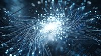 Abstract digital network with glowing fiber optic cables and light particles creating futuristic data transmission visualization for technology concepts.