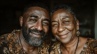 Happy African American senior couple embracing and smiling warmly in traditional patterned clothing against dark background for family portraits.