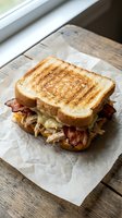 Grilled sandwich with crispy bacon, melted cheese and sauerkraut on toasted bread served on parchment paper over rustic wooden table near window.