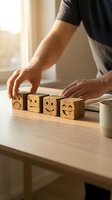 Man arranging wooden blocks with emoji faces showing customer satisfaction rating scale from sad to happy for business feedback and service evaluation.
