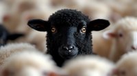 Black sheep face among white flock, close up portrait showing distinctive features and amber eyes. Concept of standing out from crowd, being different.