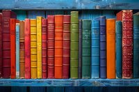 Colorful vintage hardcover books arranged in row on blue wooden shelf, showing spines in rainbow colors from red to orange, yellow, green and blue. Library collection.