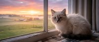 Fluffy white cat with green eyes sitting on windowsill gazing at golden sunrise over misty countryside landscape, perfect for home decor and pet-related content.