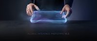 Hands holding glowing neural interface prototype with blue holographic display for futuristic technology, innovation, and digital transformation concepts.
