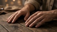 Skilled craftsman hands feeling texture of natural wood grain surface in warm workshop lighting for woodworking and carpentry projects.