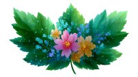 Vibrant watercolor floral composition with pink and yellow blossoms surrounded by emerald green leaves and delicate blue forget-me-nots on white background.