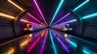 Futuristic neon tunnel with vibrant purple, blue and orange light streaks creating dynamic motion blur effect on wet reflective floor surface.