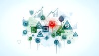 Abstract digital technology network with geometric shapes, icons and data visualization elements on white background for business analytics.