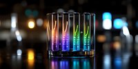 Glowing test tubes with colorful fluorescent liquids in laboratory setting against dark background with bokeh lights creating scientific atmosphere.