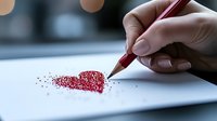 Hand drawing red glitter heart shape on white paper with pen, romantic sparkle dust scattered around creating love symbol. Artistic Valentine concept.