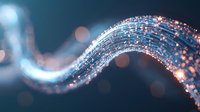 Glowing wave of sparkling particles flowing in dark space with bokeh light effects, creating magical ethereal atmosphere. Suitable for technology backgrounds.