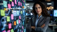 Young Hispanic businesswoman with crossed arms standing near agile scrum board with colorful sticky notes in modern dark office space, confident professional pose.