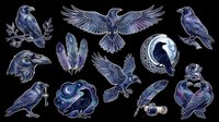 Mystical dark ravens clipart set with feathers, moon, and key elements, isolated on transparent background. Great for stickers, t-shirt design, and print on demand.