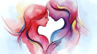Two abstract female silhouettes with flowing colorful hair forming heart shape in watercolor style on white background for romantic design projects.