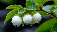 Fresh white snowberries with water drops on branch and green leaves in garden after rain, natural macro photography on dark background.