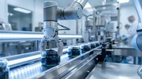 Robotic arm handling blue liquid sample in sterile pharmaceutical laboratory with automated production line equipment for drug manufacturing and quality control.
