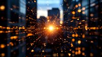 Glowing light burst with radial blur effect against urban nighttime cityscape background creates dynamic motion and energy visualization for technology concepts.