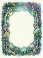 Watercolor enchanted forest frame with magical trees, lanterns and fairy tale elements creating ornate border on white background for invitations.