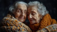 Elderly twin sisters with silver hair embracing in warm knitted scarves against dark background, conveying love, companionship and aging gracefully.