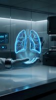 Futuristic holographic lungs floating above doctor hand in modern medical laboratory for respiratory health technology and pulmonary care innovation.
