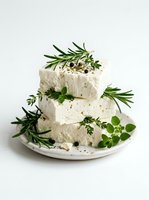 Stacked fresh white cheese blocks garnished with rosemary, oregano, and mint herbs on white plate for culinary and food styling use.