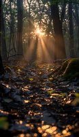 Magical sunbeams pierce through misty forest at dawn, illuminating fallen autumn leaves and creating golden bokeh effect on forest floor. Perfect for nature photography or spiritual concepts.