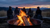 Group of friends gathering around crackling campfire at sunset with mountain landscape backdrop creating warm social outdoor experience.
