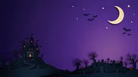 Haunted castle silhouette against purple night sky with crescent moon, bats, and graveyard for Halloween designs, spooky backgrounds, and seasonal graphics.