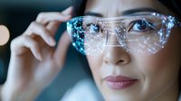 Professional woman wearing futuristic smart glasses with digital interface overlay, technology innovation concept for augmented reality applications.