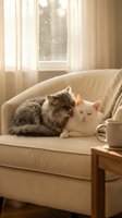 Two cats relaxing on a cream-colored sofa by a sunlit window with sheer curtains. Gray tabby and white feline companions lounging together indoors.