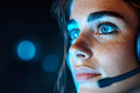Young female customer service representative with freckles illuminated by blue computer screen light wearing headset microphone, close-up portrait in dark setting.