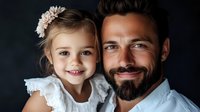 Happy father and daughter portrait with warm smiles against dark background. Bearded dad embraces young girl with flower headband in white dress for family moments.
