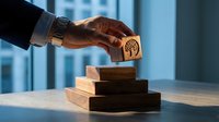Professional businessman hand placing wooden coin with tree logo on stacked wooden blocks in modern office environment for corporate branding concepts.