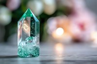 Luminous green crystal point with natural inclusions stands on light surface against soft bokeh background, showcasing mystical healing properties and spiritual energy.