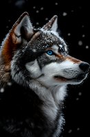 Majestic Siberian husky with piercing blue eyes in profile view against dark background with falling snow, showcasing wild nature and winter atmosphere.