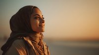 Young woman in hijab smiling at sunset, golden light illuminating her profile against blurred coastal background, conveying peace and contemplation.
