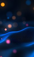 Abstract digital wave pattern with glowing blue particles and colorful bokeh lights on dark background, creating futuristic technology visualization effect.