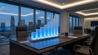 Modern office workspace with glowing blue bar chart hologram on desk overlooking city skyline, suitable for business analytics, corporate presentations, and financial technology concepts.