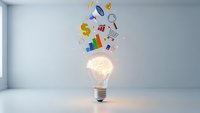 Glowing light bulb with business icons floating above representing innovation, creativity and entrepreneurship in modern office space.